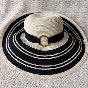 Lauren Ralph Lauren Wide Brim, Black Ivory Stripe, Gold Ring, Straw Sun Hat